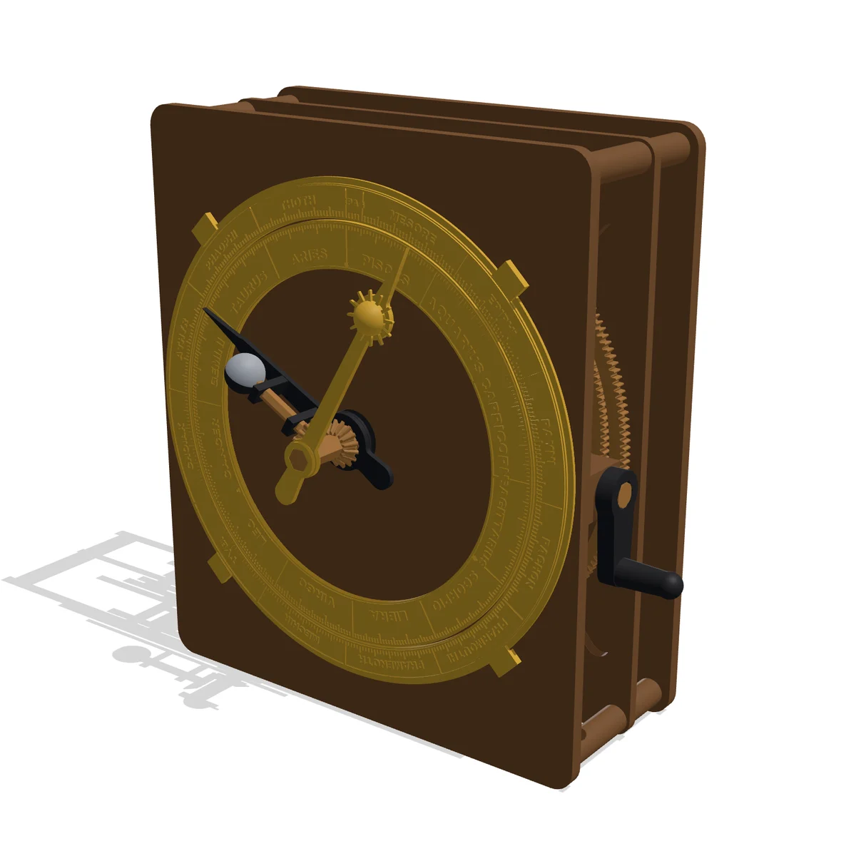 3D render of the Antikythera Mechanism from the front: a zodiac and calendar dial with a gold Sun pointer and a Moon pointer with a half dark phase ball