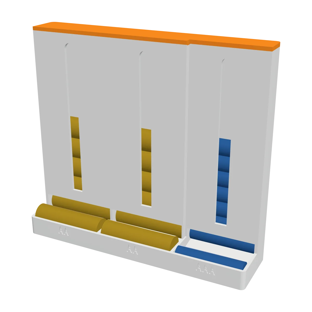 3D render of the Battery Dispenser: a white dispenser with three chutes of batteries, one battery in each tray, and an orange lid