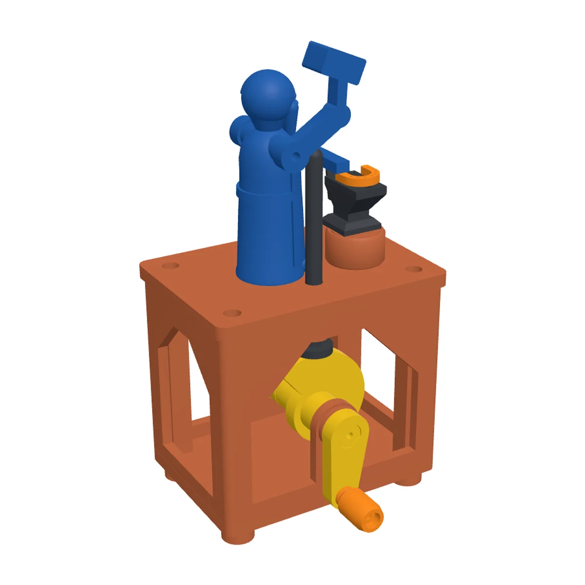 3D render of the Blacksmith Automaton: a blue smith with his hammer raised next to a black anvil with an orange horseshoe, on a terracotta box with a yellow crank