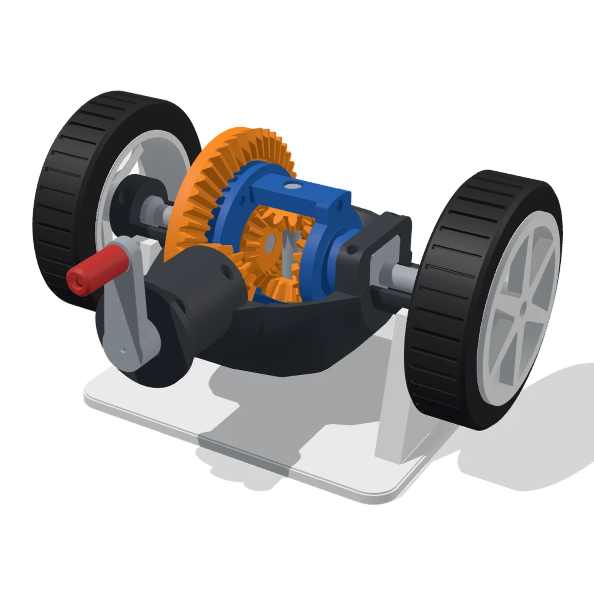3D render of the Car Differential: a graphite housing cut open along the axle, an orange ring gear and pinion, a blue carrier with the spider gears, silver axles to two white wheels with black tyres, on a white stand