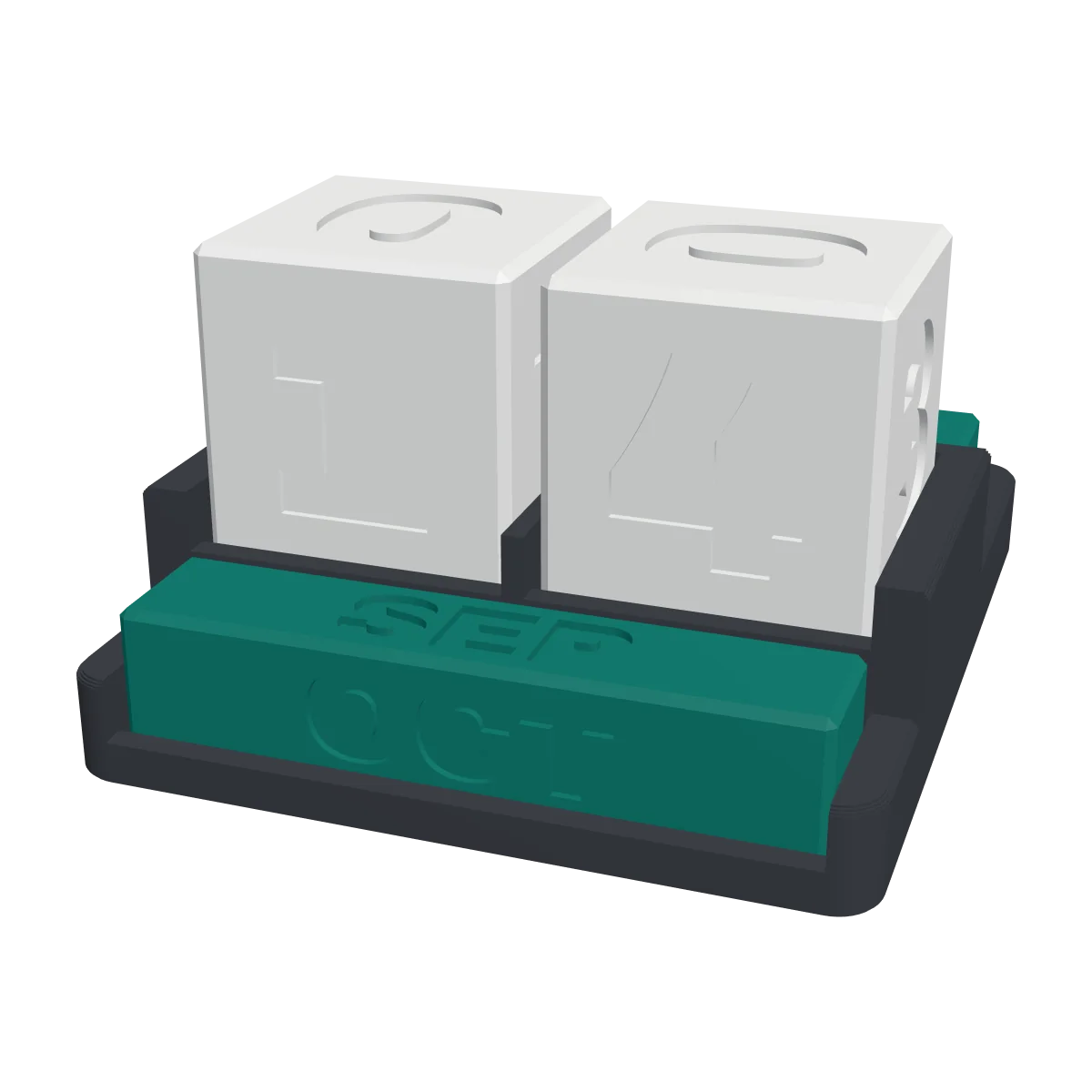 3D render of the Cube Desk Calendar: two white cubes showing 14 and a teal bar showing OCT in a graphite stand