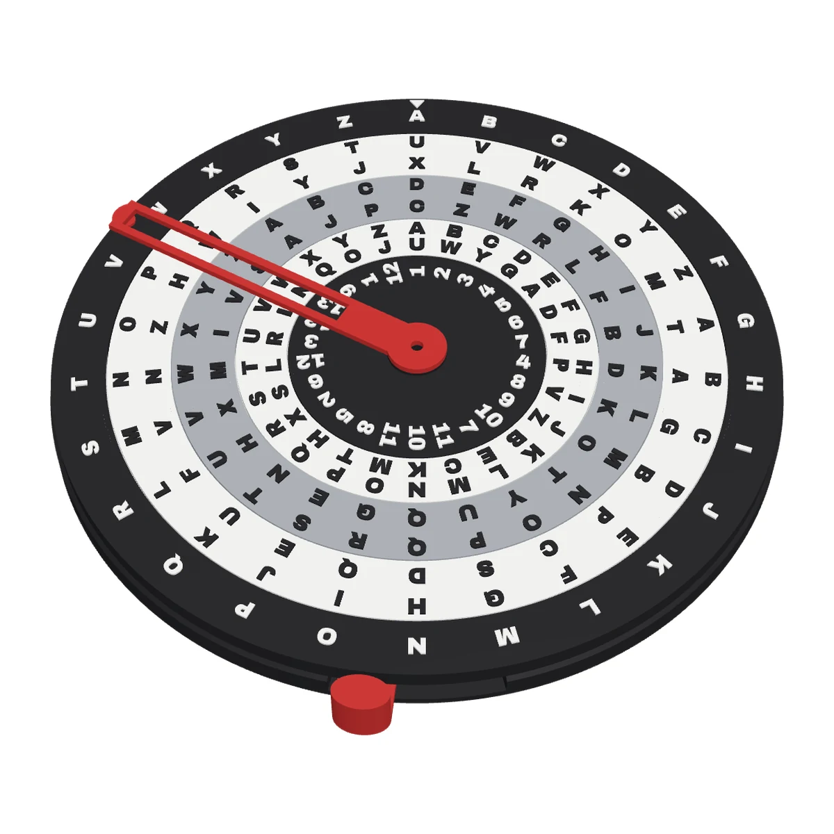 3D render of the Enigma Cipher Machine: a round black dial with a white letter ring, three rotor rings with black letters and a red key and pointer
