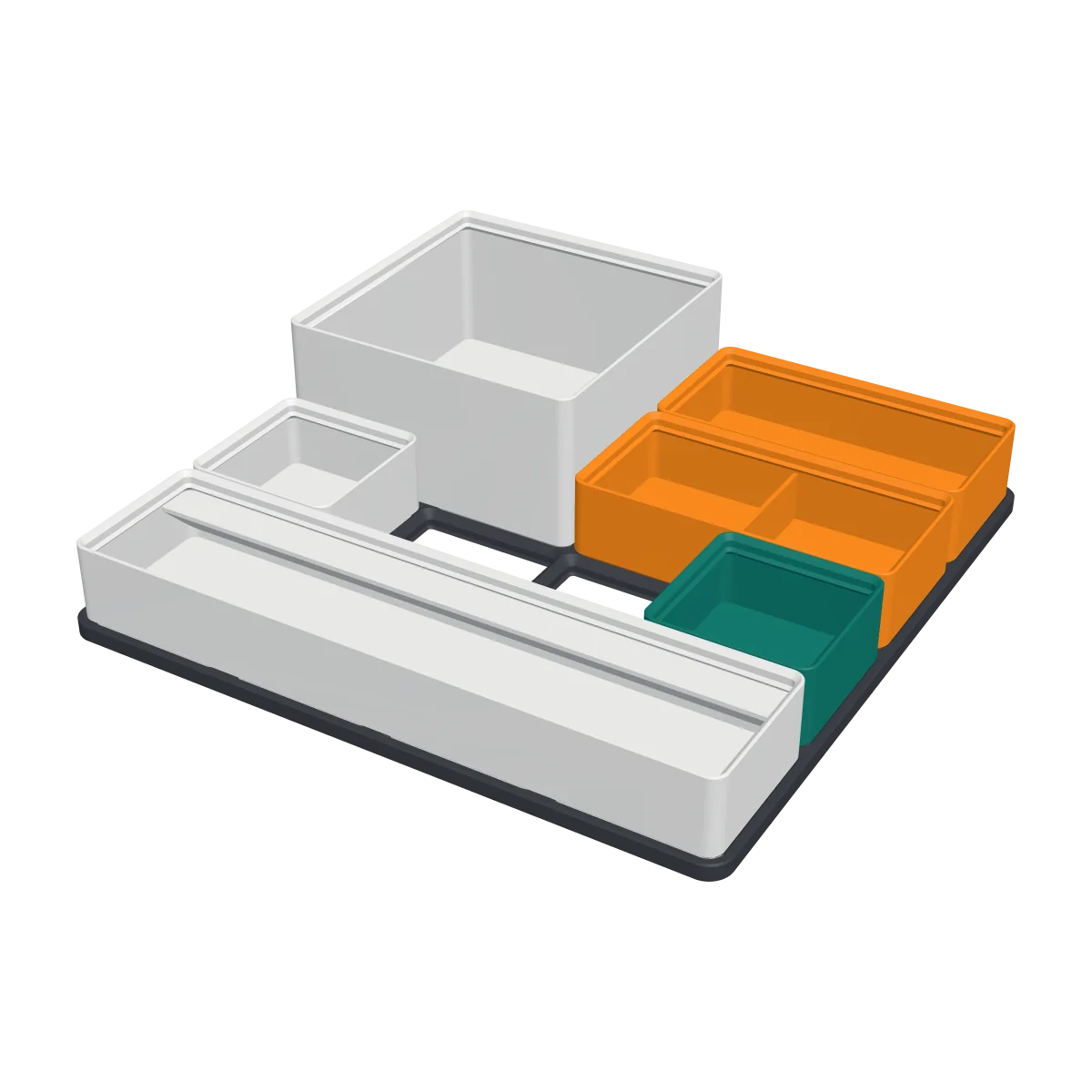 3D render of the Gridfinity Starter Set: a graphite baseplate filled with white, orange and teal bins
