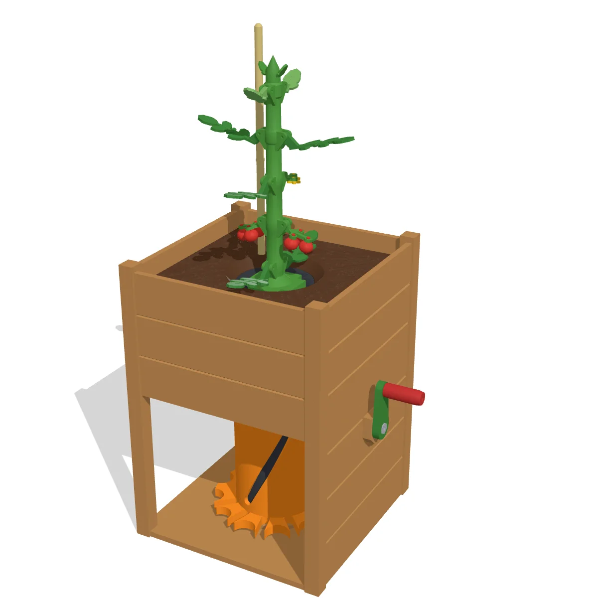 3D render of the Growing Tomato Plant: a pine-coloured raised bed on legs with brown soil, a green tomato plant with leaves, a yellow flower truss and red tomatoes, a bamboo cane, and a green crank with a red grip on the side