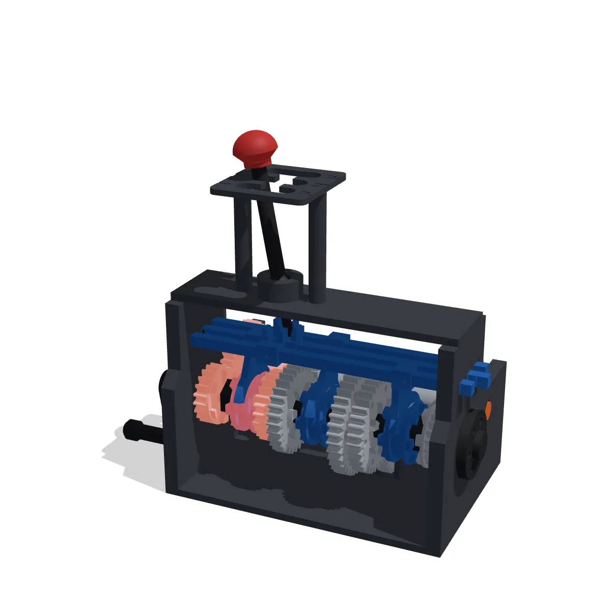 3D render of the Manual Gearbox: silver gears on two shafts in an open graphite case, blue shift forks and rails above them, and the black lever in its H-pattern gate