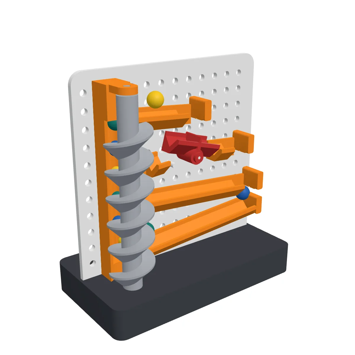 3D render of the Marble Machine: a silver screw lift on the left, orange tracks and a red rocker on a white pegboard, on a graphite base, with coloured marbles