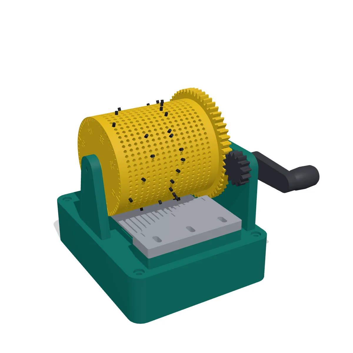 3D render of the Music Box: a yellow drum full of black pins between the cheeks of a teal frame, a silver comb under its front and the crank on the right