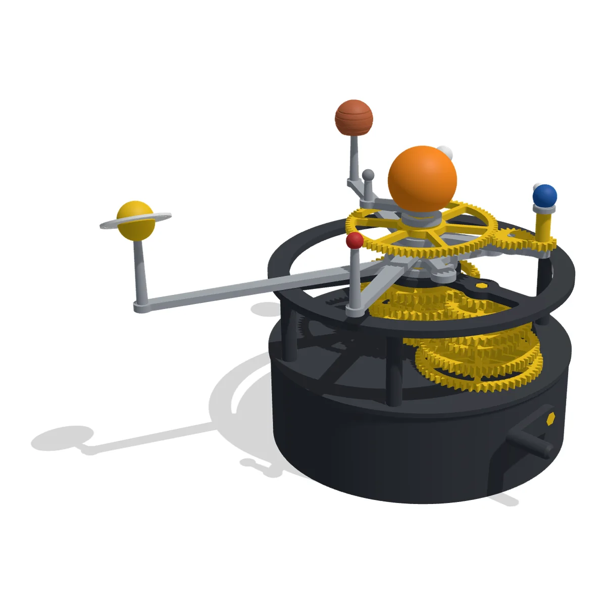 3D render of the Orrery: an orange Sun with six planets and the Moon on silver arms, above yellow gears in a graphite drum with a crank