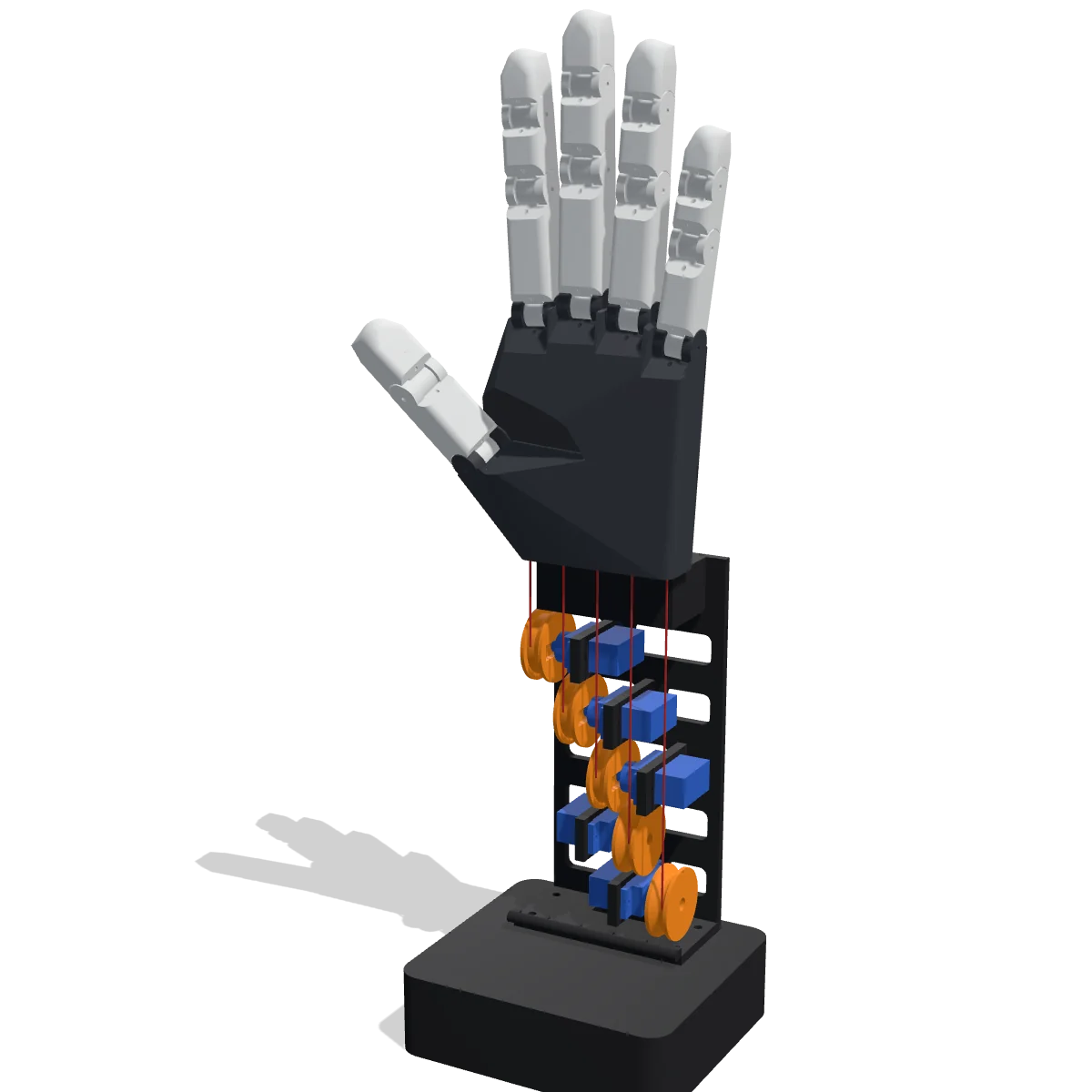 3D render of the Tendon-Driven Robot Hand: a white hand with a graphite palm on a black open forearm, five blue servos with orange spools in a staircase and five red lines running down from the wrist
