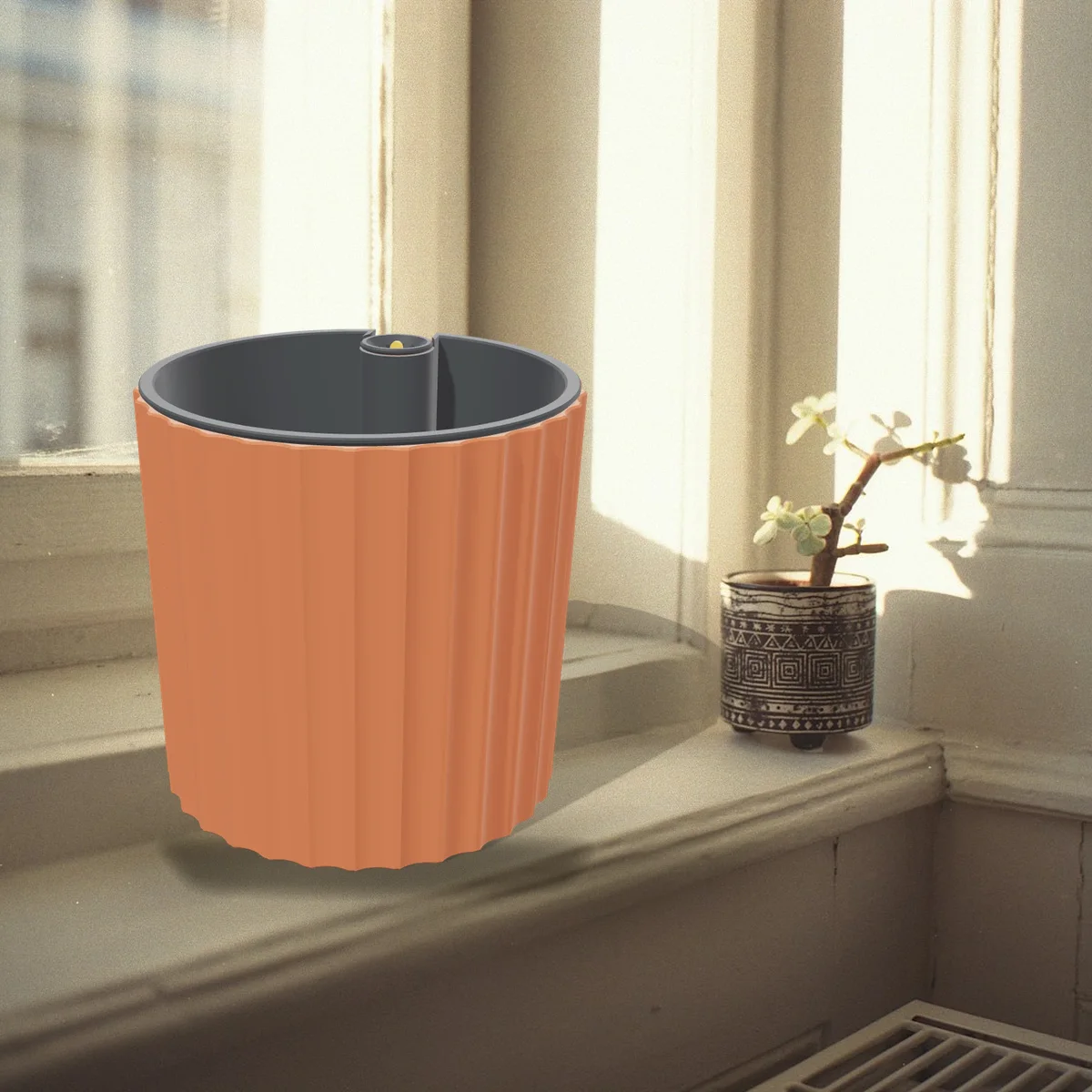 The Self-Watering Planter in a room (a 3D render of the model placed in a photo)