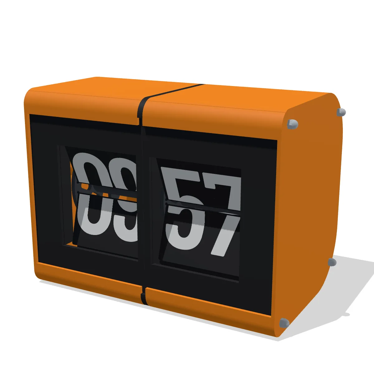 3D render of the Split-Flap Clock: an orange housing with a black front and two windows showing 09 57 in white digits on black flaps