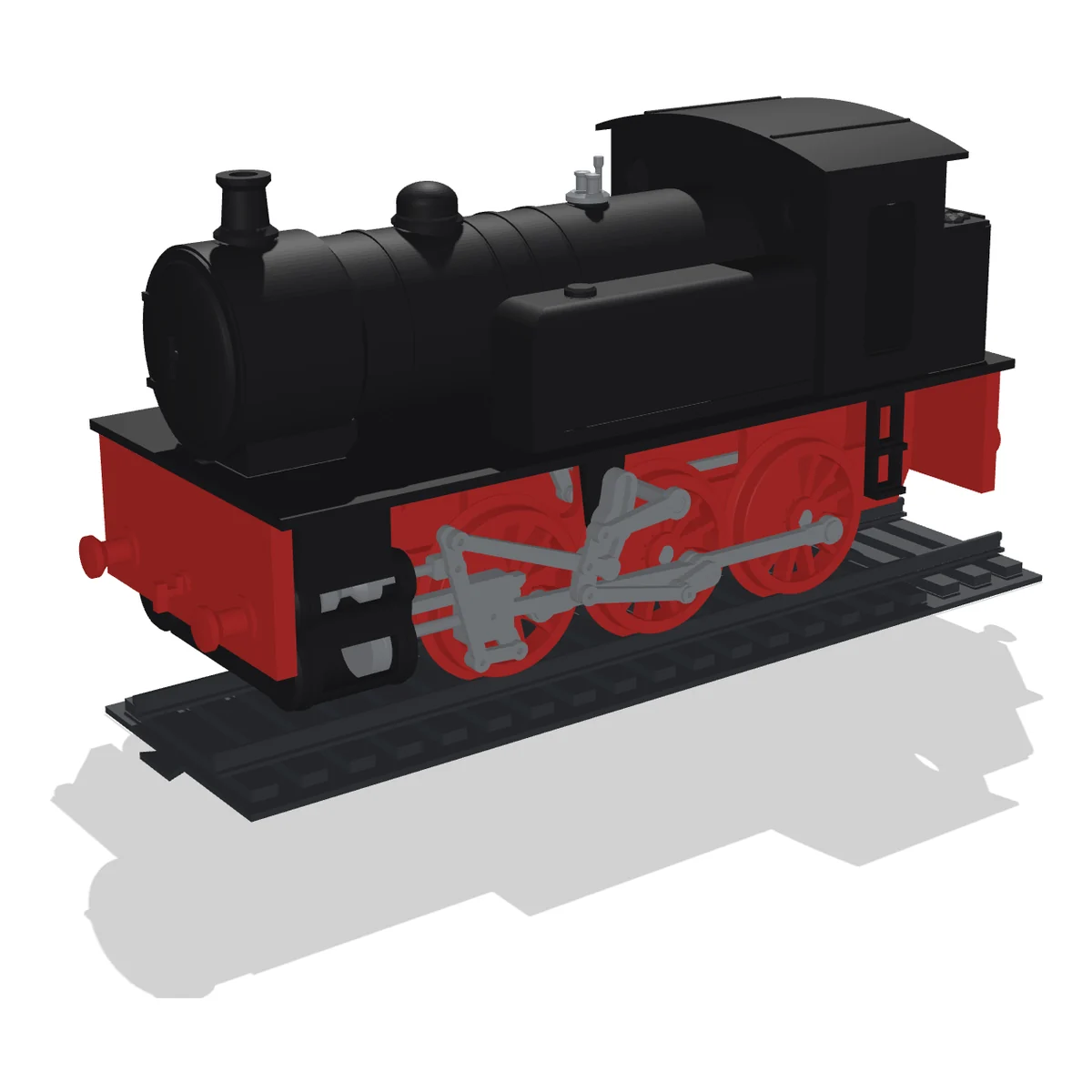 3D render of the Steam Locomotive: a black tank engine with red frames and wheels and silver valve gear, on a piece of dark grey track