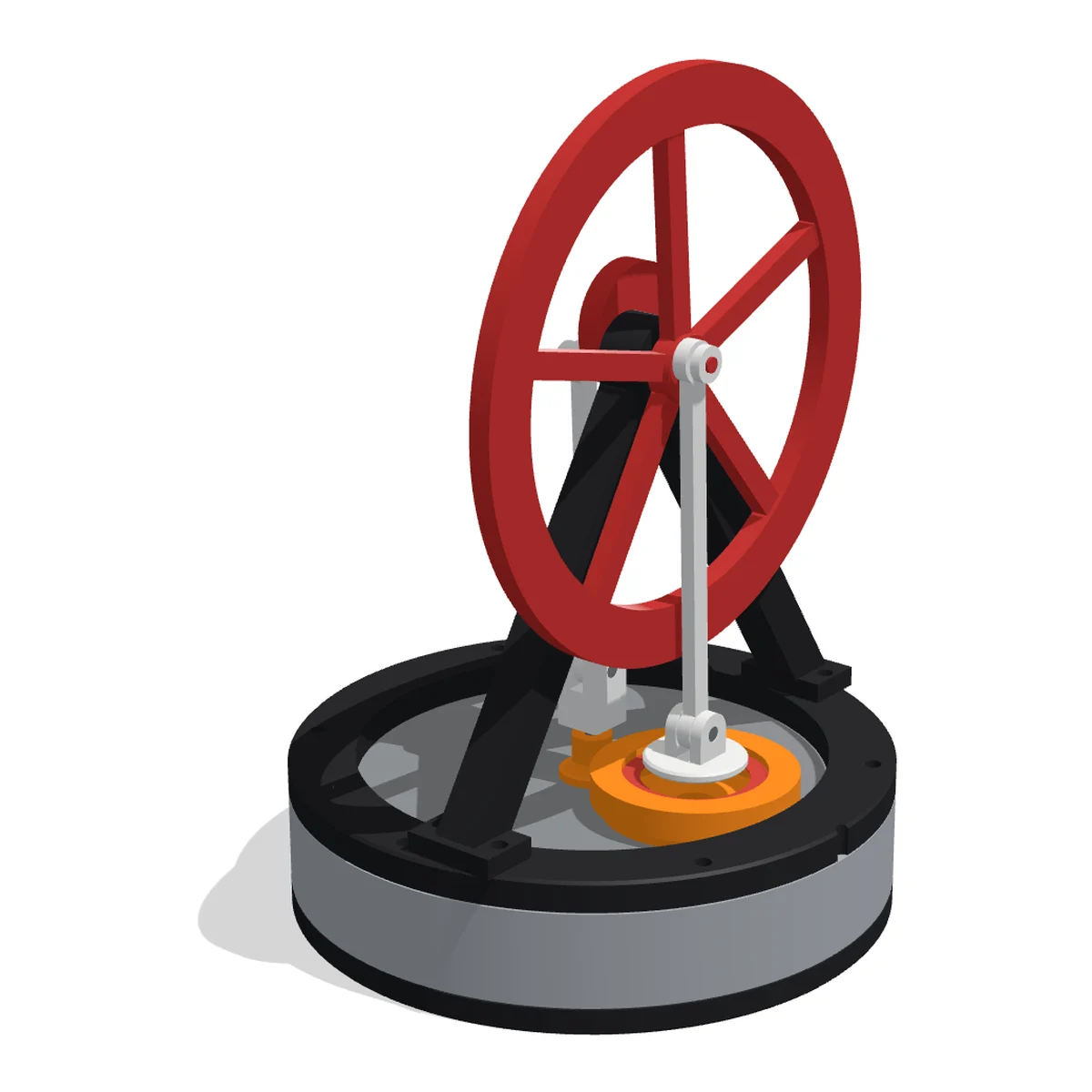 3D render of the Coffee Cup Stirling Engine: a red flywheel on a black A-frame above a silver air chamber with aluminium plates, the white conrods and the orange power cylinder