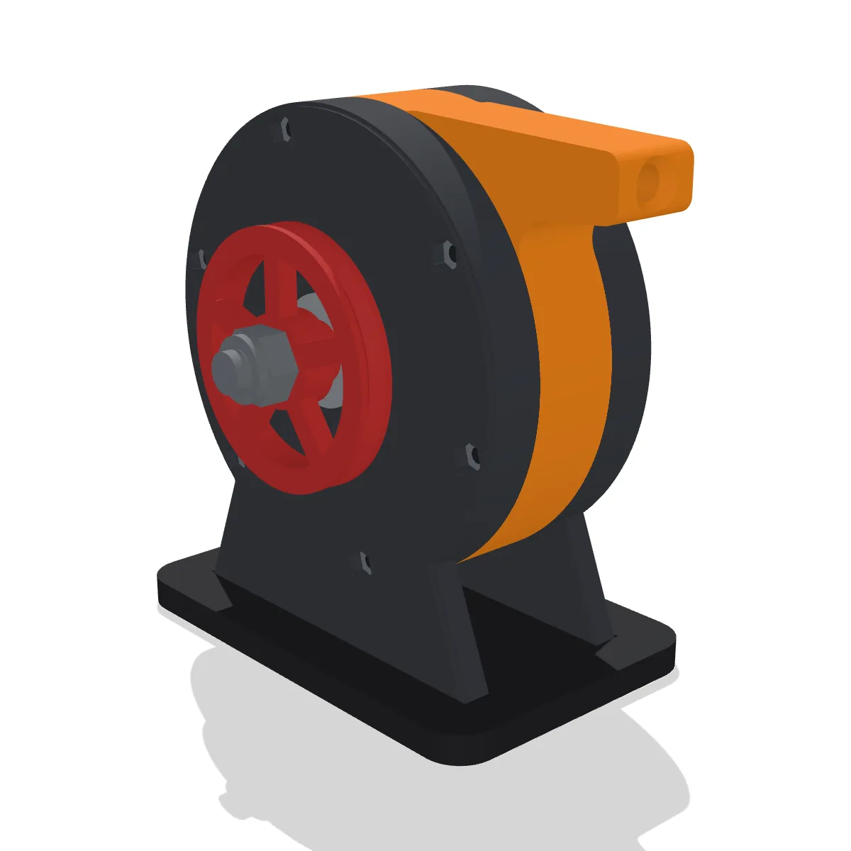 3D render of the Tesla Turbine: an orange housing ring with its inlet arm between two graphite side covers on a black stand, with a red spoked pulley on the shaft