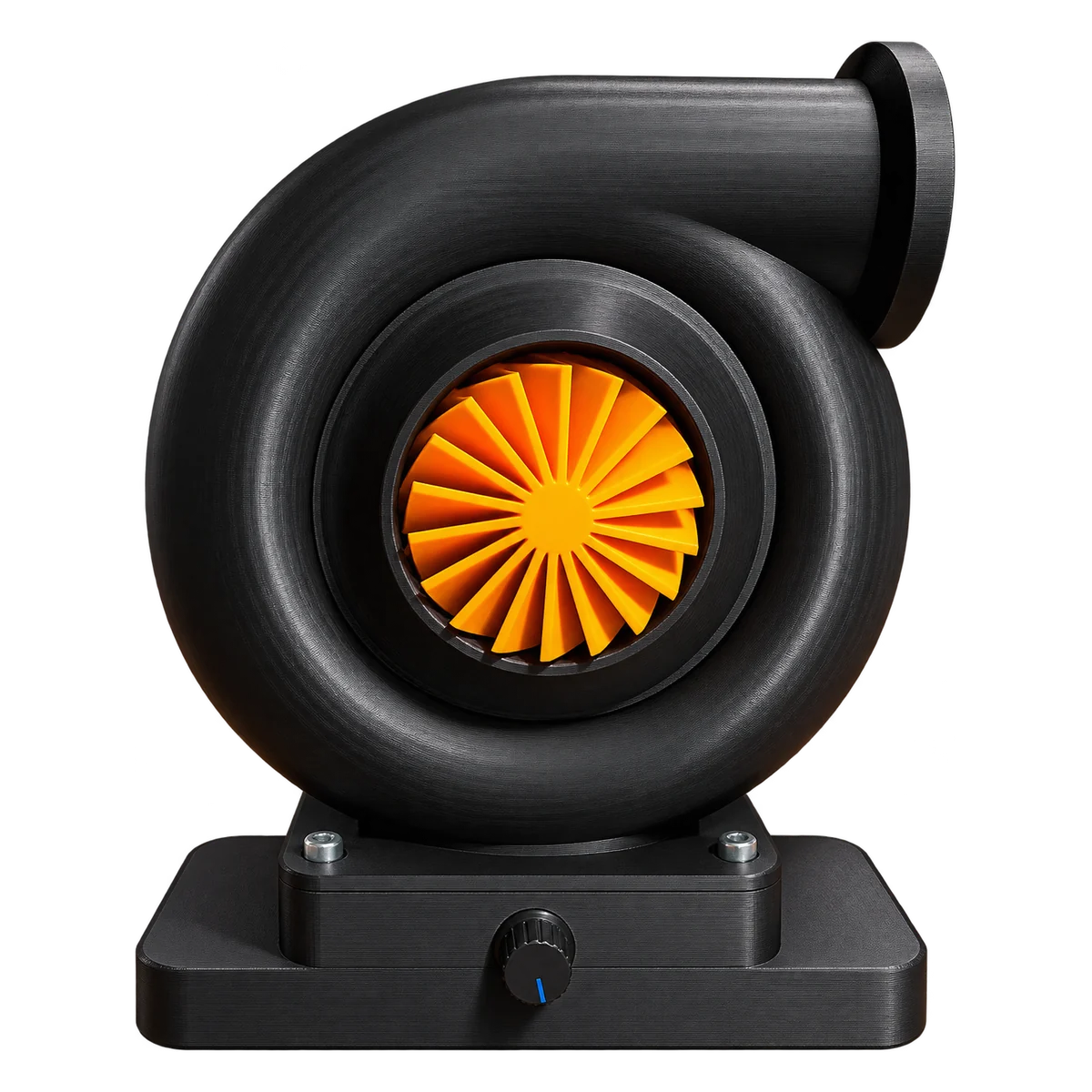 Turbo Desk Fan printed in black with an orange impeller, on its base with a speed knob