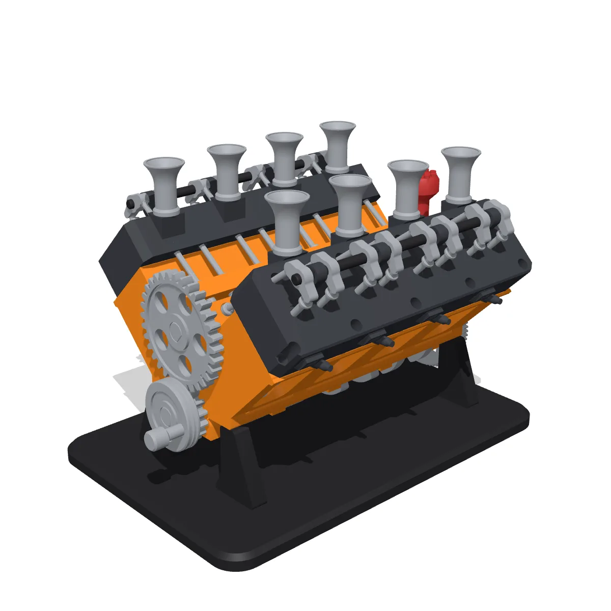 3D render of the V8 Engine: an orange block with graphite heads, eight silver velocity stacks, timing gears and the hand-turned pulley at the front, on a black stand