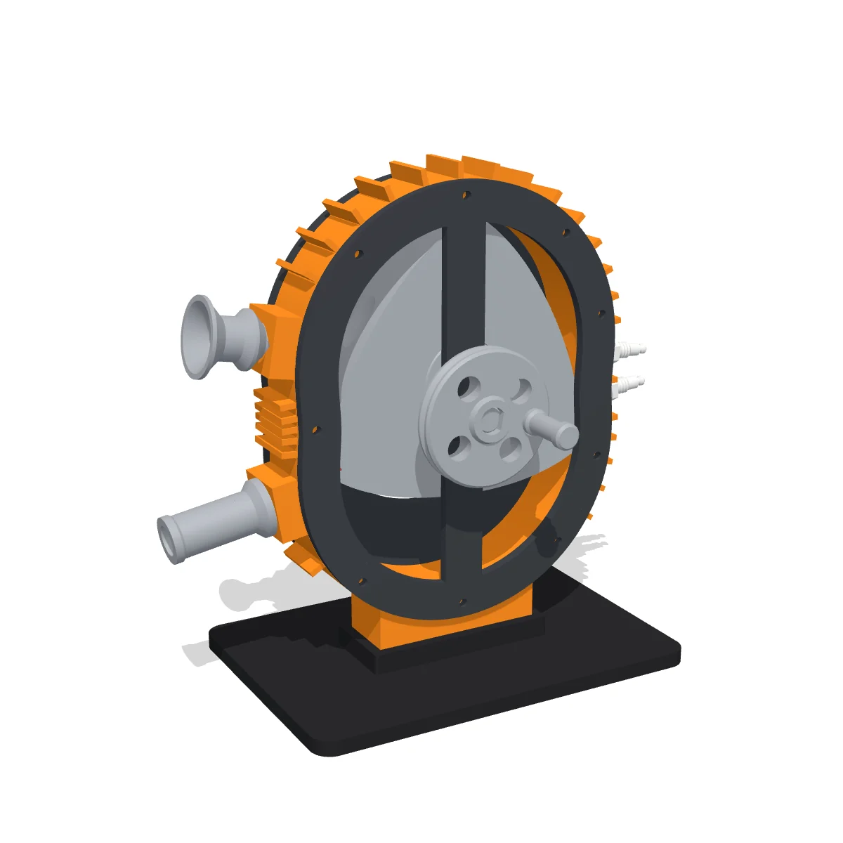 3D render of the Wankel Rotary Engine: a finned orange housing with the silver rotor visible through the open front, spark plugs on the right, intake and exhaust on the left, on a black stand