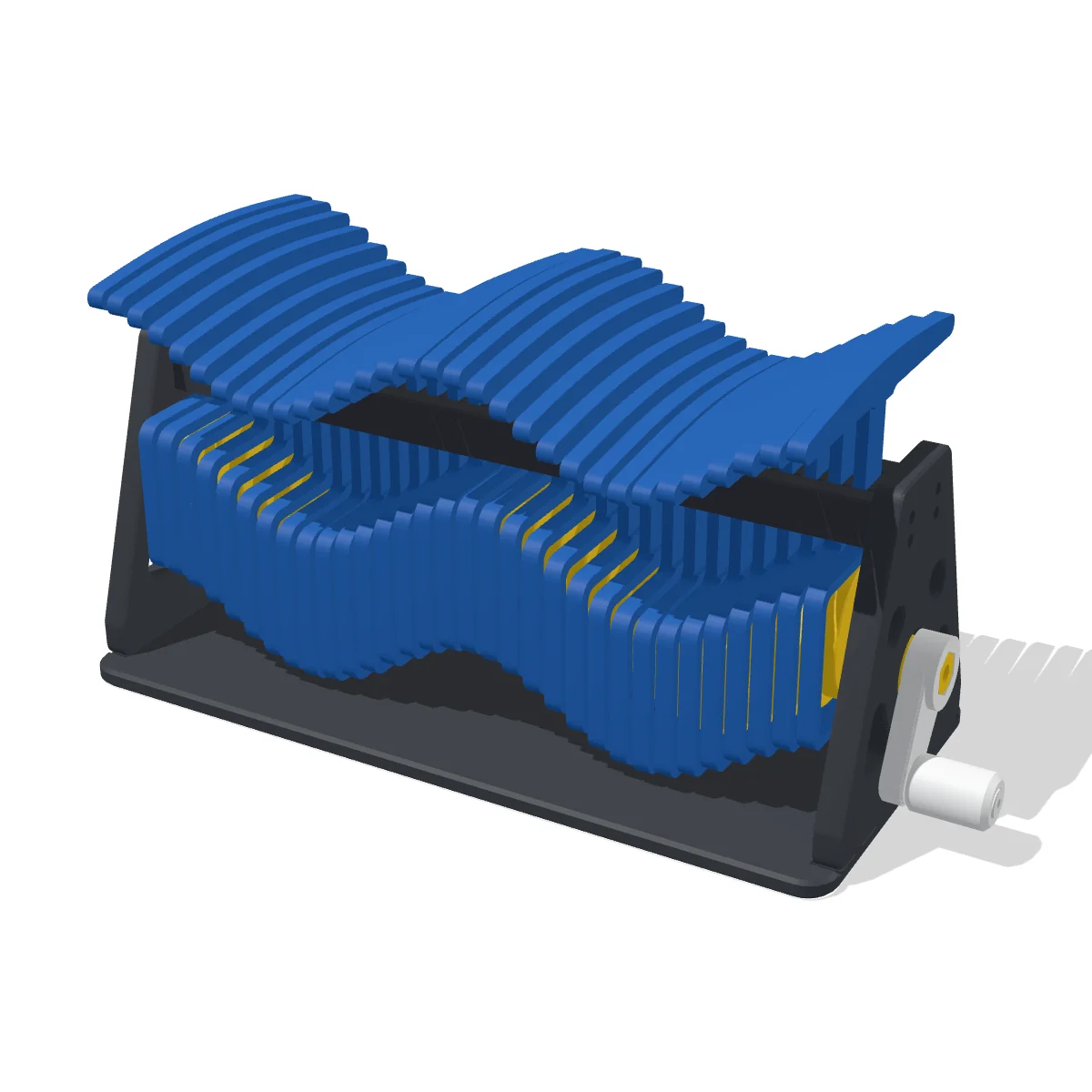 3D render of the Kinetic Wave Sculpture: 32 blue slats on a graphite frame, their crests forming two waves, with a white crank on the right