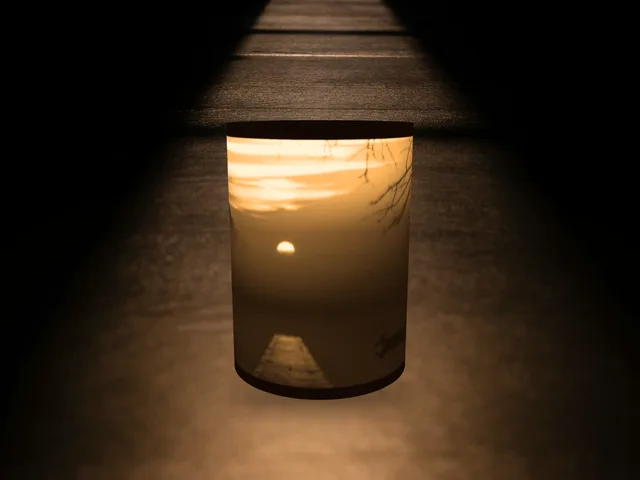 Round lamp shade with a sunset over a jetty, glowing warm on a dark wooden table