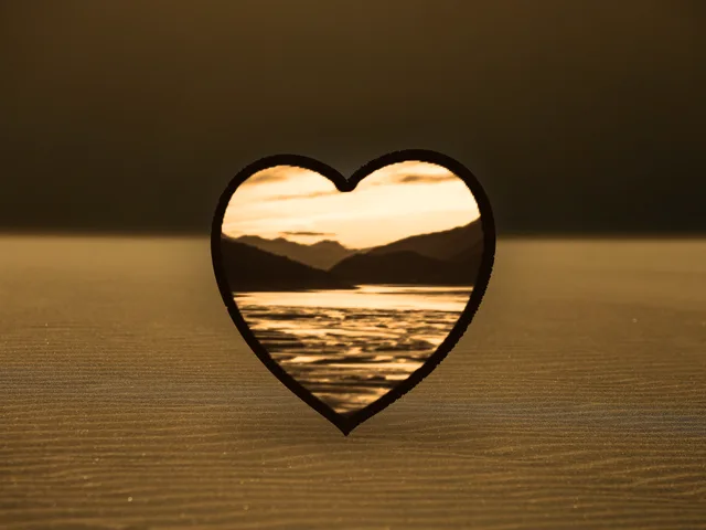Heart-shaped lithophane of a mountain lake, glowing in the evening