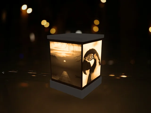 Square night light glowing on a table at night, with a sunset on one side and a parrot on the other