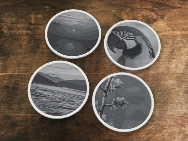 Four round coasters with photos of a sunset, a parrot, a lake and a blossom branch on a wooden table