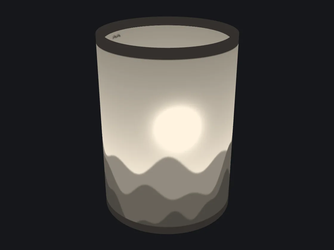 3D preview of a lamp shade with a mountain landscape, lit from inside