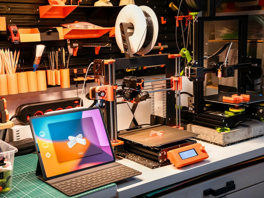 A maker's desk with two 3D printers, a tablet and shelves full of orange printed parts