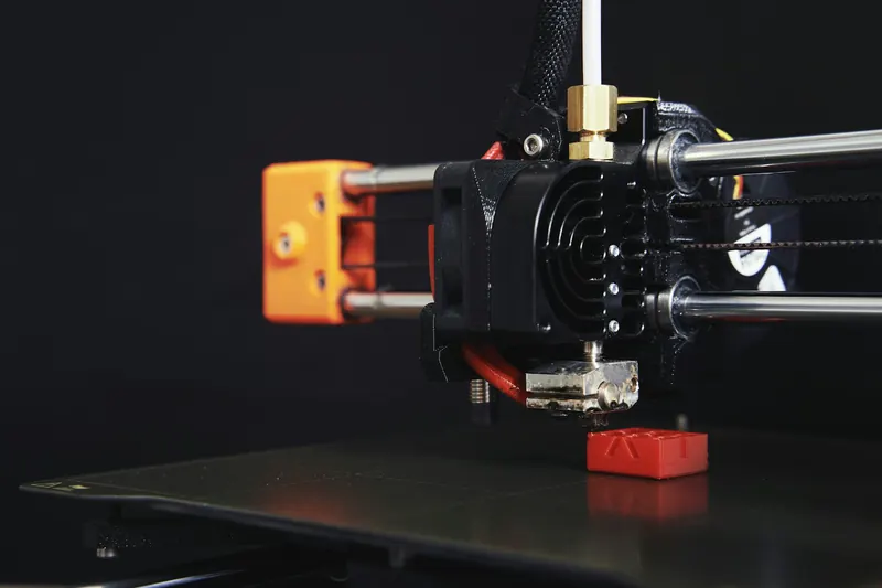 Close-up of a 3D printer's print head laying down a red part